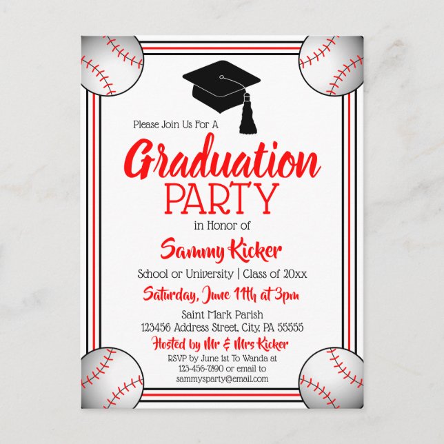 Baseball Red & Black Graduation Party Invitation Postcard (Front)