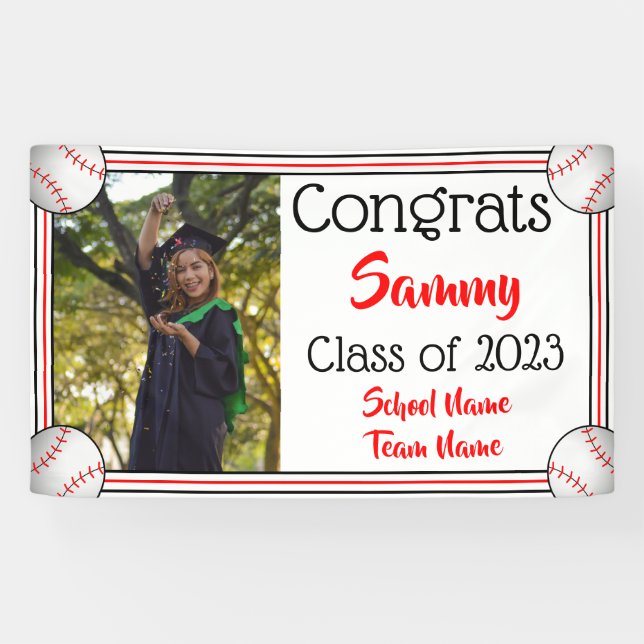 Baseball Red & Black One Photo Graduation Banner (Horizontal)