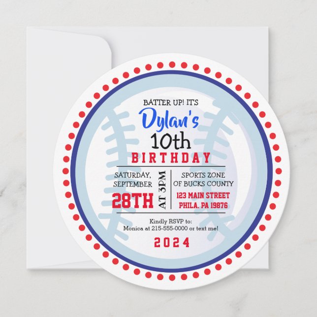 BASEBALL Red White Blue Birthday Party Invitation (Front)