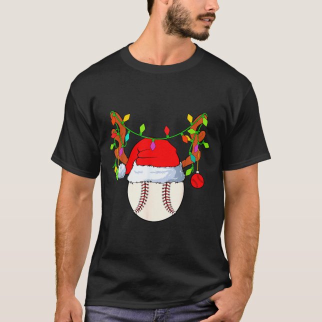 Baseball Reindeer Santa Hat Christmas  T-Shirt (Front)