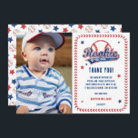 Baseball Rookie 1st Birthday Party Photo  Thank You Card<br><div class="desc">Cute distressed baseball-themed "Rookie of the Year" boy's first birthday party photo "Thank You" design.  Features baseball-themed "Rookie of the Year" text with a baseball standing in for the "O" in "One" along with baseball stitching around the rounded rectangular frame.  Back features a pattern of stars and baseballs.</div>