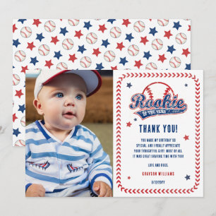 Baseball Rookie 1st Birthday Party Photo  Thank You Card