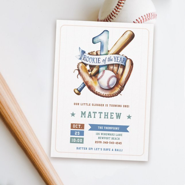 Baseball Rookie Ball Bat Blue Fun Boy 1st Birthday Invitation (rookie of the year 1st birthday invite boy baseball theme sports all star milestone blue green)