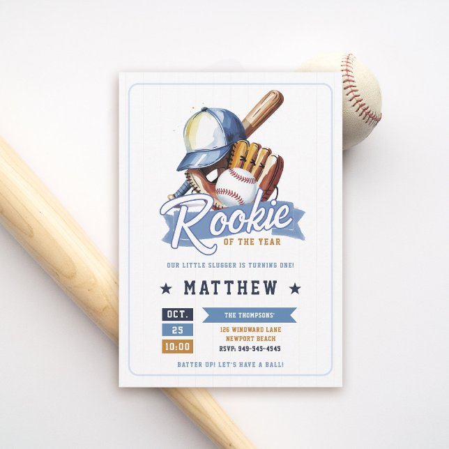 Baseball Rookie Ball Bat Cap Blue Boy 1st Birthday Invitation (rookie of the year 1st birthday invite boy baseball theme sports all star milestone blue tan brown)