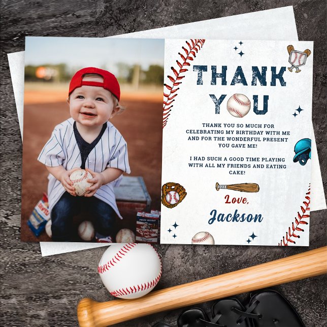 Baseball Rookie Boys Birthday Photo Thank You Card (Creator Uploaded)