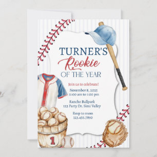 Baseball, Rookie, First birthday Invitation