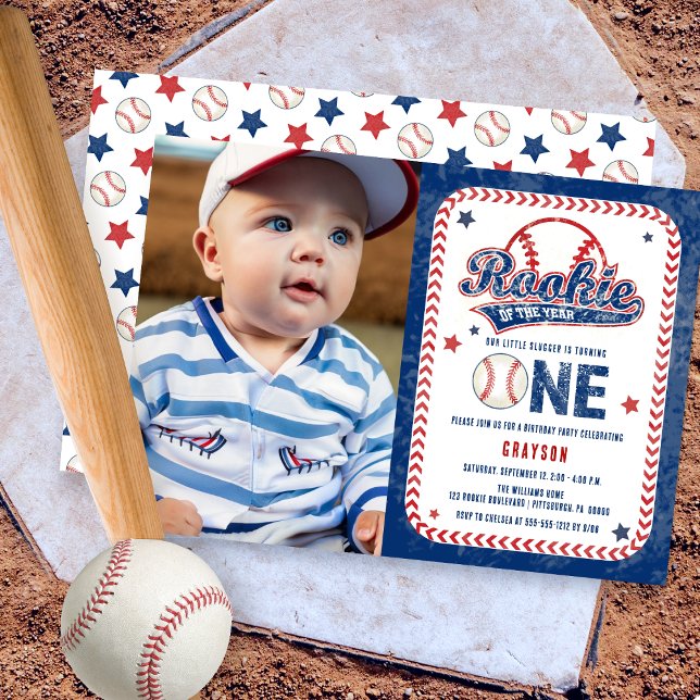 Baseball Rookie Front Photo 1st Birthday Party  Invitation (Baseball Rookie of the Year Boy's 1st Birthday Party Photo Invitation)