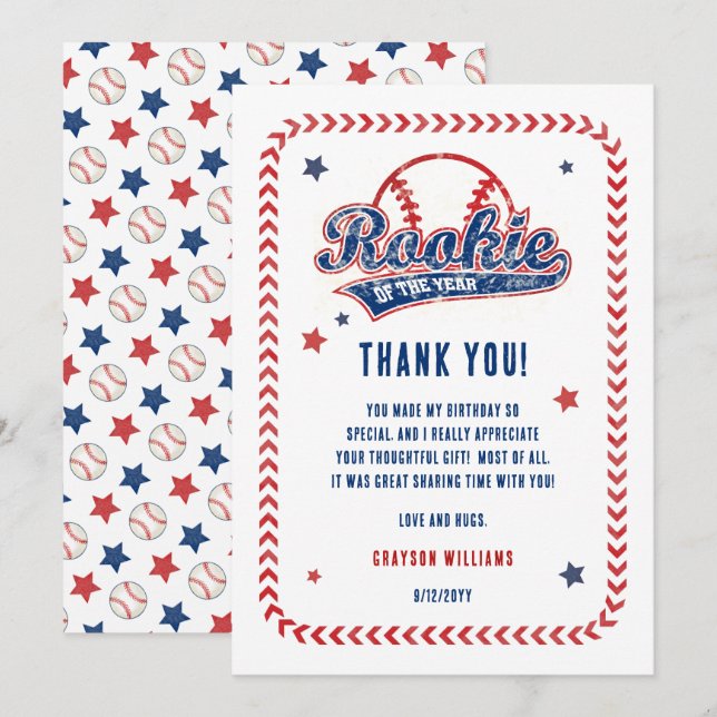 Baseball Rookie of the Year 1st Birthday Party Thank You Card (Front/Back)