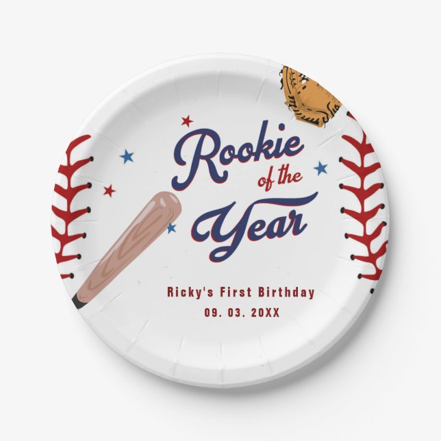 Baseball Rookie of the Year Baseball 1st Birthday  Paper Plate (Front)