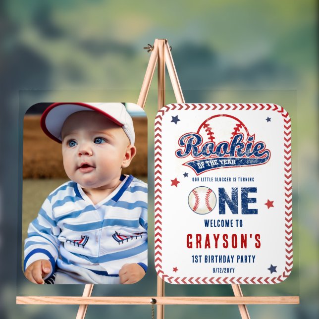 Baseball Rookie Photo 1st Birthday Party Acrylic Sign (Neutral)