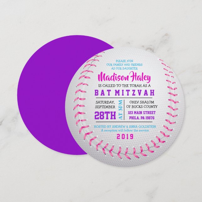 BASEBALL ROUND GIRLS Bat Mitzvah Invitation (Front/Back)