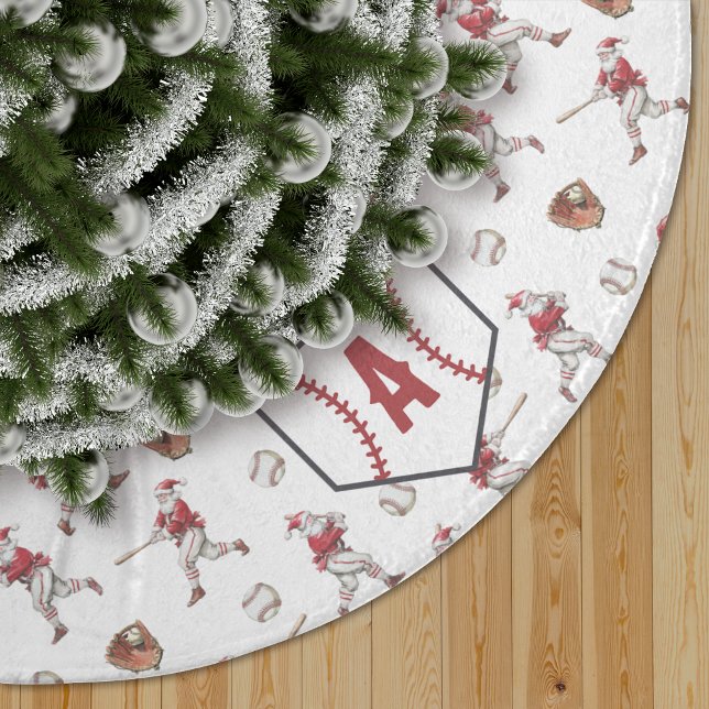 Baseball Santa Christmas Home Plate Monogram Brushed Polyester Tree Skirt (Creator Uploaded)