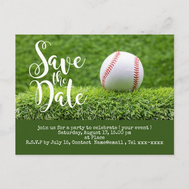Baseball save the date  with ball on green grass postcard (Front)