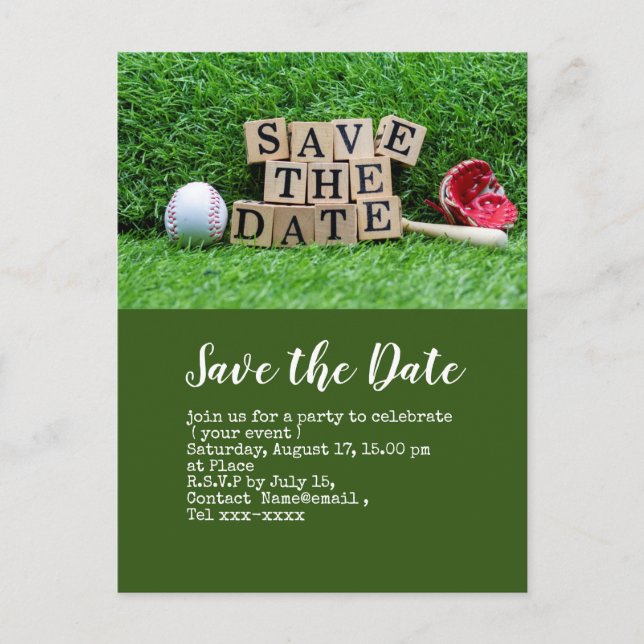 Baseball save the date  with ball on green  postcard (Front)