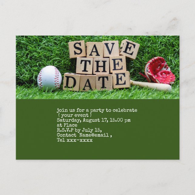 Baseball save the date  with ball on green   postcard (Front)