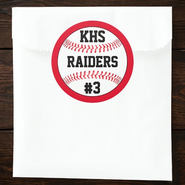 Baseball School Letters, Team Name & Player Number Classic Round Sticker (Custom baseball stickers for baseball parties and decor. Great for baseball seniors!)