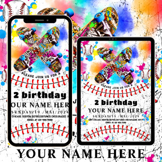 Baseball skateboard graffiti colourful party invitation
