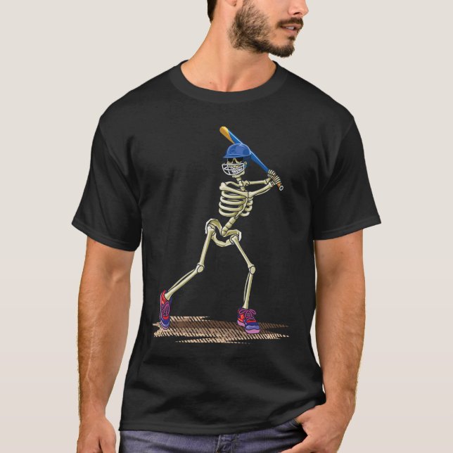 Baseball Skeleton Halloween Men Boys Baseball Hall T-Shirt (Front)