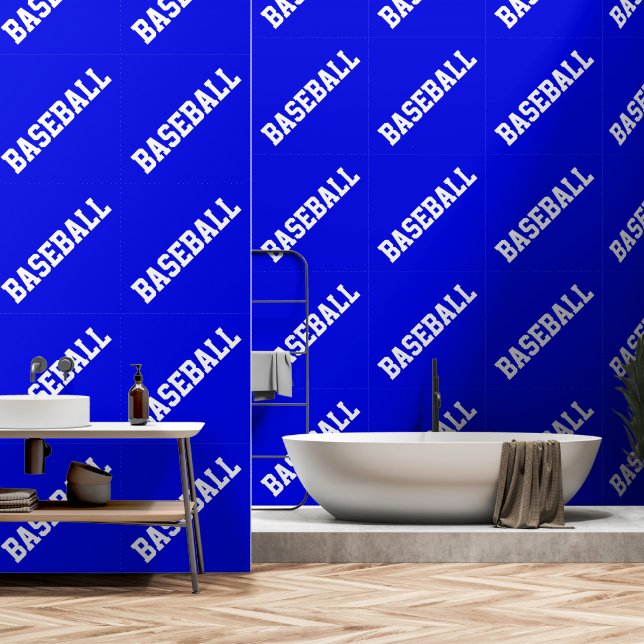 BASEBALL Slant Athletic White Text On Bright Blue Wallpaper (Bathroom)