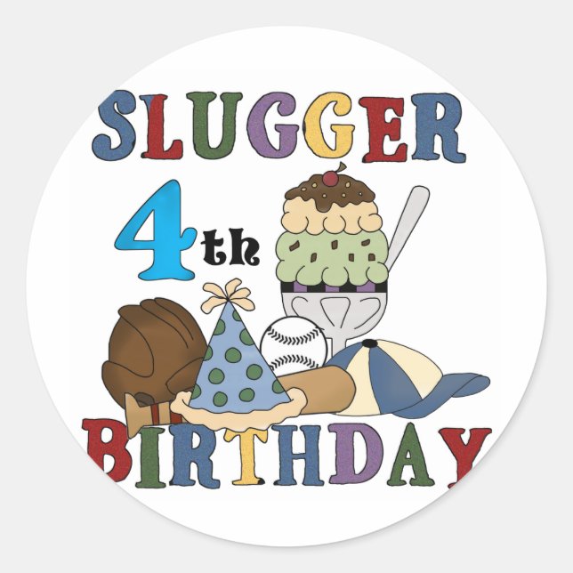 Baseball Slugger 4th Birthday Classic Round Sticker (Front)