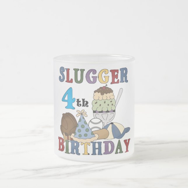 Baseball Slugger 4th Birthday Frosted Glass Coffee Mug (Center)
