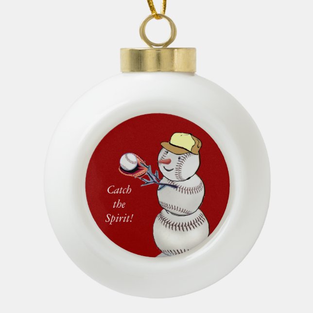 Baseball Snowman Ceramic Ball Christmas Ornament (Front)