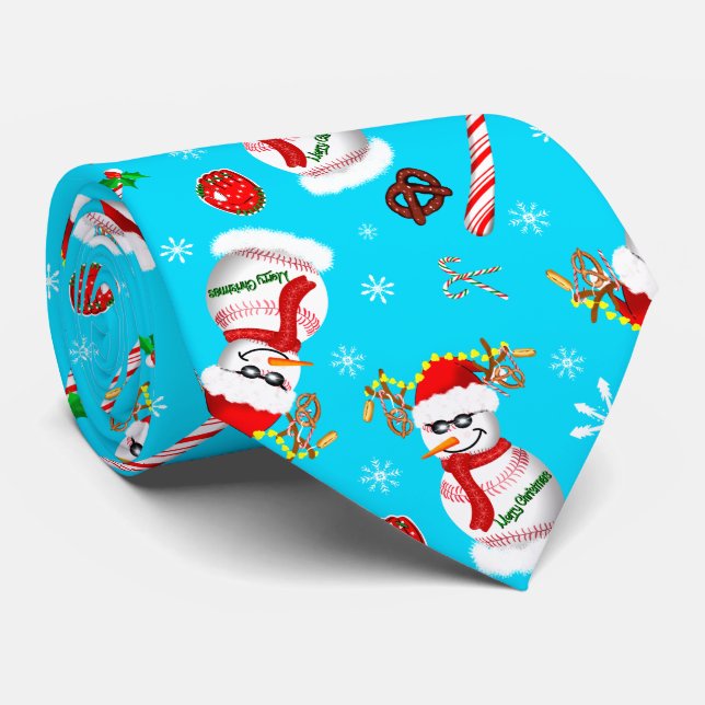 Baseball Snowman Christmas Celebration Pattern  Tie (Rolled)