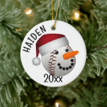 Baseball Snowman Christmas Ceramic Tree Decoration<br><div class="desc">* Cute baseball snowman wearing a Santa hat. * Ornaments have several style and shape options available. * Ceramic ornaments are double sided (customise front and back). * Choose font style, colour and size of text to add text. * Add background colour to colour of your choice. * Use the...</div>