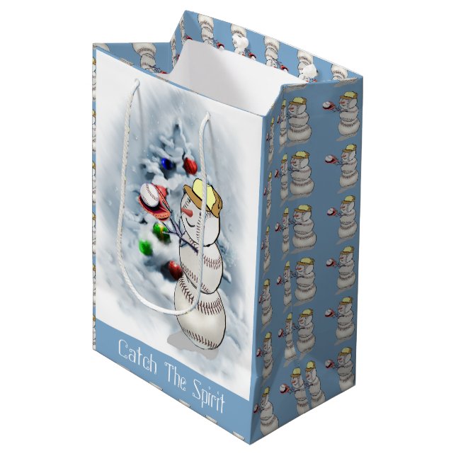 Baseball Snowman Christmas Medium Gift Bag (Front Angled)