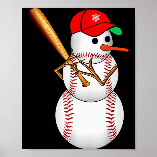 Baseball Snowman Snow Christmas Xmas Men Women  Poster (Front)