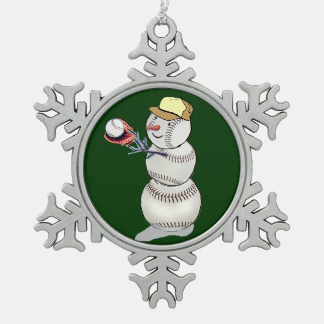 Baseball Snowman Snowflake Pewter Christmas Ornament (Front)