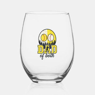 Baseball Softball Dad of Both Vintage Vector Desig Stemless Wine Glass