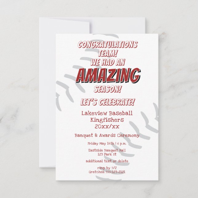 baseball softball kids end of season banquet invitation (Front)