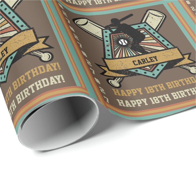 Baseball Softball Name Age Number Birthday Wrapping Paper (Roll Corner)