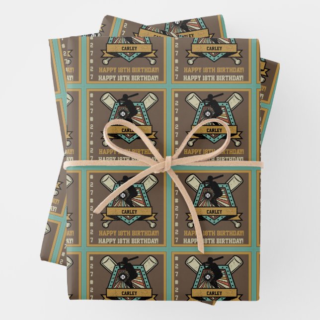 Baseball Softball Name Age Number Birthday Wrapping Paper Sheet (In situ)