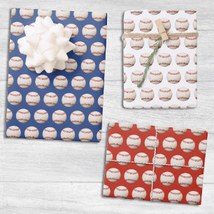 Baseball Softball Sport Pattern Red White & Blue Wrapping Paper Sheet