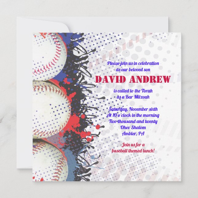 BASEBALL Splatter Bar Bat Mitzvah Invitation (Front)