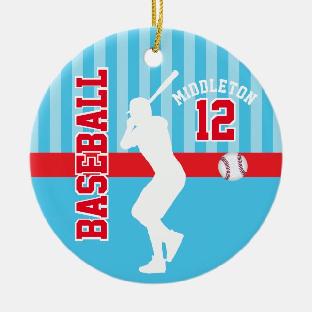 Baseball Sport - Baby Blue and Red Ceramic Tree Decoration (Front)