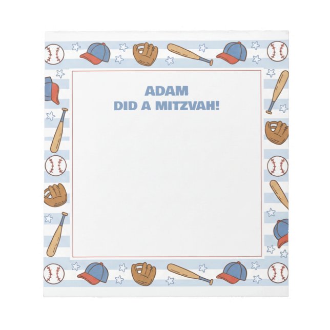Baseball Sport Theme Personalised Mitzvah  Notepad (Front)