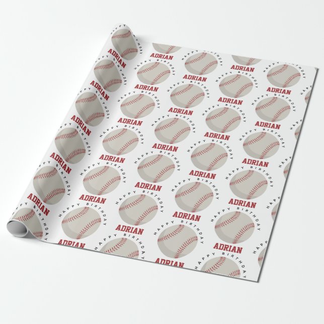 Baseball Sports Birthday Party Custom Name Wrapping Paper (Unrolled)