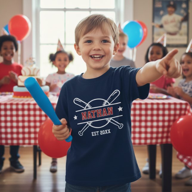 Baseball Sports Game Theme Name Est Year Birthday T-Shirt (Cute Personalized Name and Est Year Baseball Birthday Boy T-shirt with Baseball Bats, Star & Ball.)