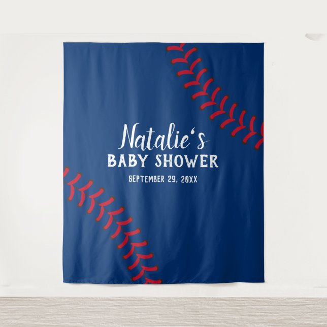 Baseball Sports Navy Blue Baby Shower Backdrops Tapestry (Front)