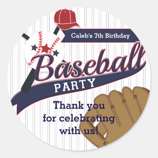 Baseball Sports Pin Striped Birthday Party Favour Classic Round Sticker (Front)