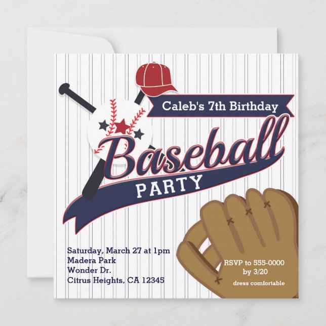 Baseball Sports Pin Striped Birthday Party Invitation (Front)