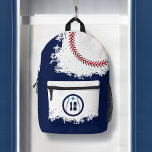 Baseball Sports Team Player Jersey Number Navy Printed Backpack<br><div class="desc">Fun sport-themed personalised baseball backpack. The design features a baseball graphic with a customisable player jersey number on the front pocket. Large baseball with reed stitches and name displayed boldly along the top. A fun personalised backpack design for baseball sports lovers and baseball players. Design by Moodthology Papery</div>