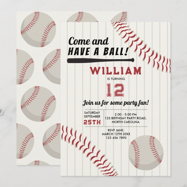 Baseball Sports Theme Birthday Party Invitation (Front/Back)