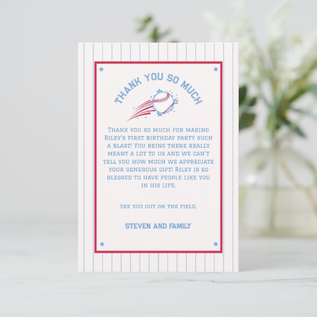 Baseball Sporty Birthday Kids Thank You Card (Standing Front)