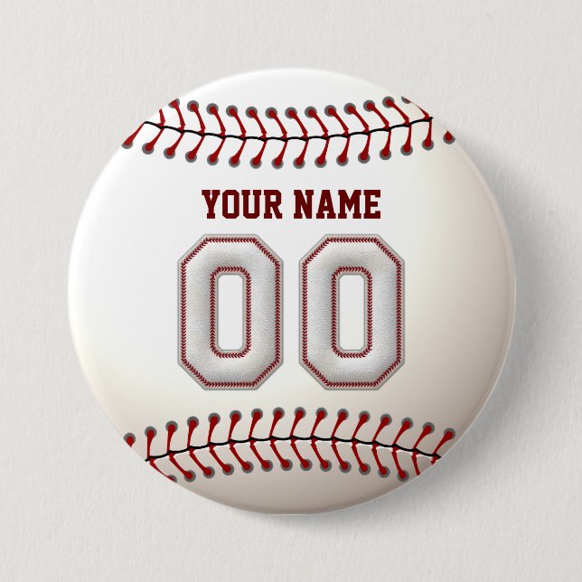 Baseball Stitches Player Number 00 and Custom Name 7.5 Cm Round Badge (Front)
