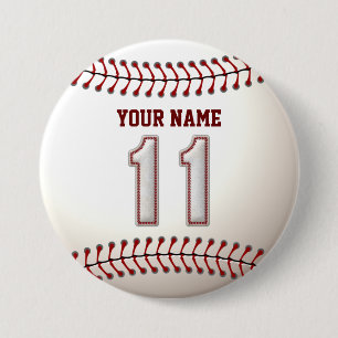 Baseball Stitches Player Number 11 and Custom Name 7.5 Cm Round Badge