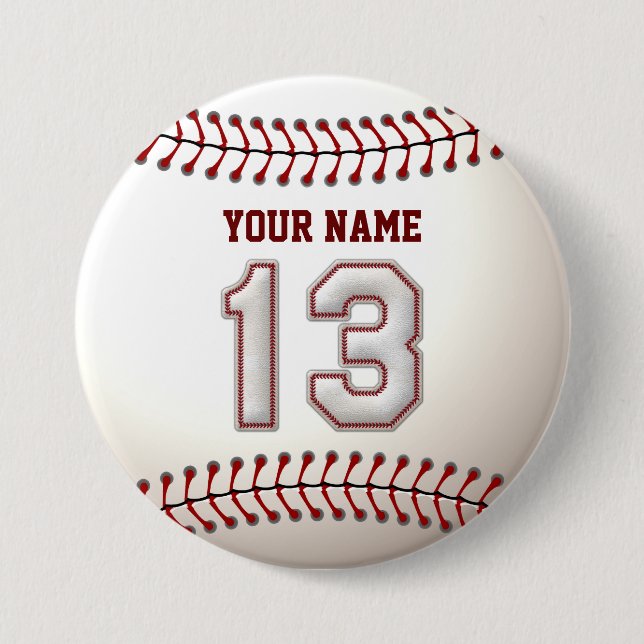 Baseball Stitches Player Number 13 and Custom Name 7.5 Cm Round Badge (Front)